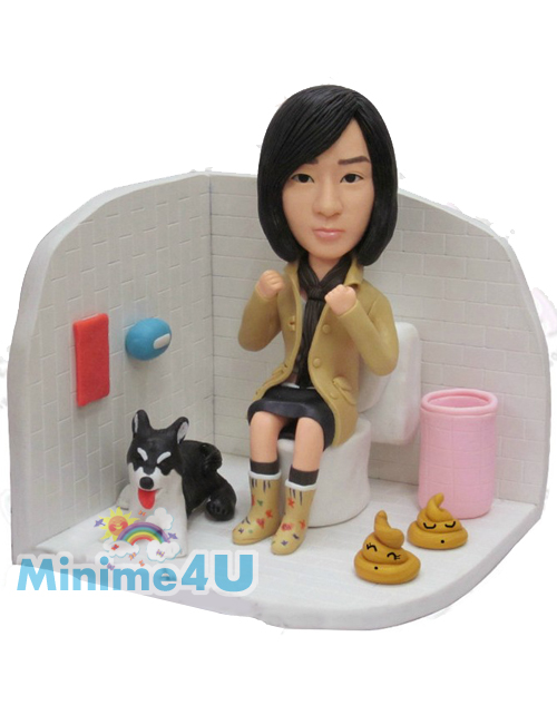 Funny toilet girl with pet figurine